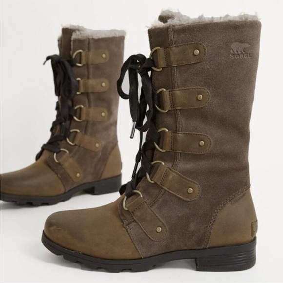 SOREL - women’s Emelie lace up Combat brown leather waterproof boots faux fur 10 - Picture 3 of 12